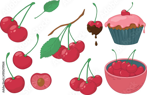 Cherry dessert set. Cute cherry berries, cupcake, jam bowl, chocolate cherry. Hand drawn style food illustration collection