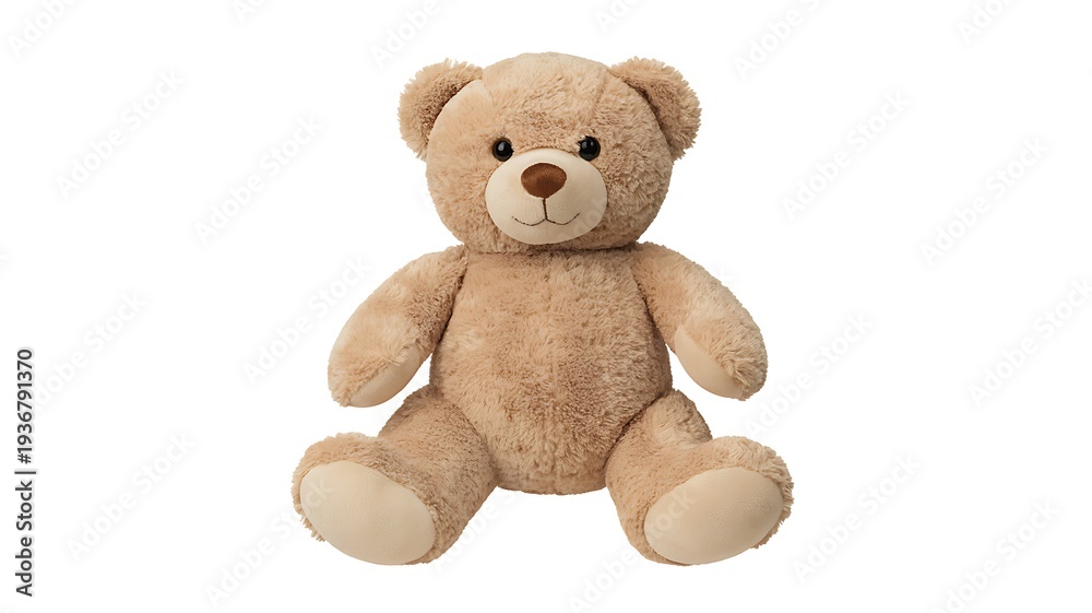 Fototapeta premium A fluffy light brown teddy bear sits attentively with a friendly expression isolated on transparent background