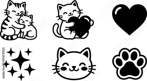 Flat design kawaii cat icons set hugging cat holding heart paw print smiling face sparkles simple line art vector pack