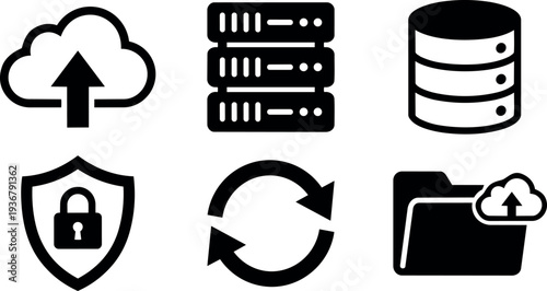 Flat design minimal black server cloud database shield lock sync arrows folder upload icons set for tech ui dashboard interface