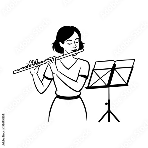 A woman playing a flute illustration with music stand