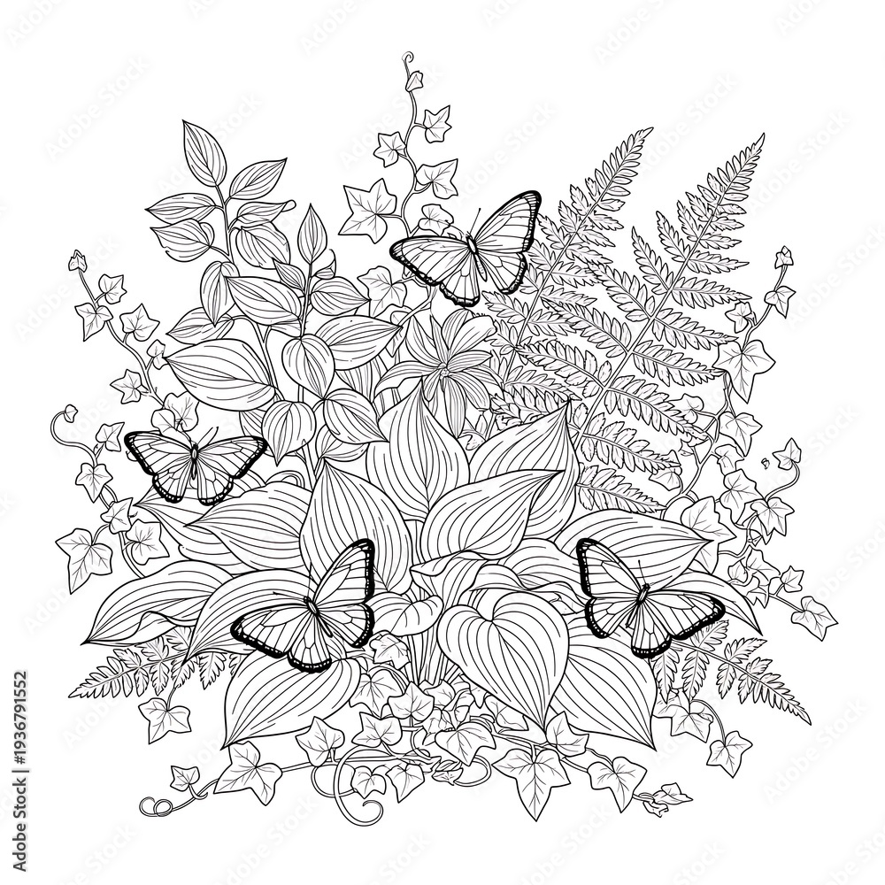 Fototapeta premium Black and white illustration of butterflies and flowers isolated on white background