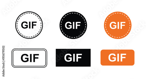 Set of varied graphic design elements featuring the acronym GIF in multiple shapes and styles