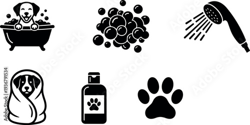 Flat design black pet grooming icon set showing dog in bathtub bubbles showerhead shampoo bottle paw wrapped towel close up