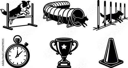 Vector flat dog agility icons border collie jumping tunnel weave poles stopwatch trophy cone set for sport branding black white