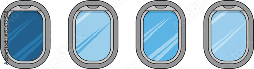 Airplane window illustration with four gray frames and blue glass panes