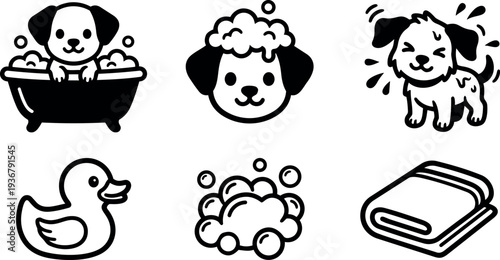 Line art dog bath icon set with playful puppy in tub washing with bubbles towel and rubber duck close up