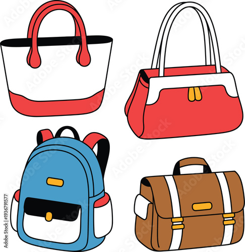 A bag illustration set featuring various colorful handbags and backpacks