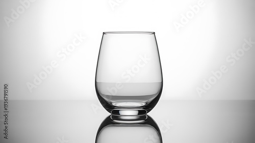 A clear empty modern stemless wine glass standing on a reflective surface indoors