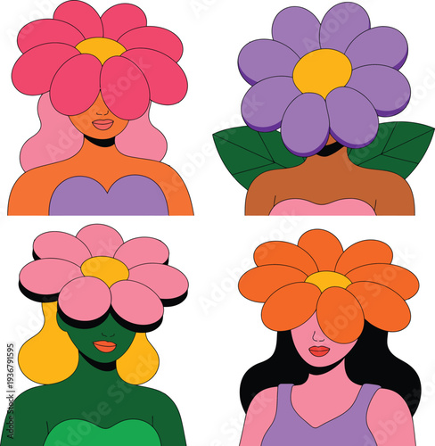 A vibrant flower icon illustration of women with colorful flowers covering their faces
