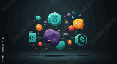 Abstract digital data visualization with geometric shapes and percentage indicators