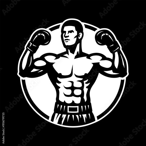 Silhouette of a boxer in a winning pose on dark background.