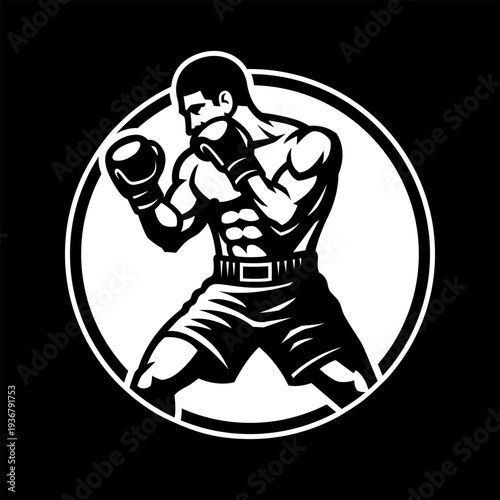 Silhouette of a boxer in a stance logo on dark background.