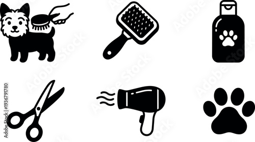 Flat design pet grooming icon set showing brushing dog with brush shampoo bottle scissors and blow dryer on white background