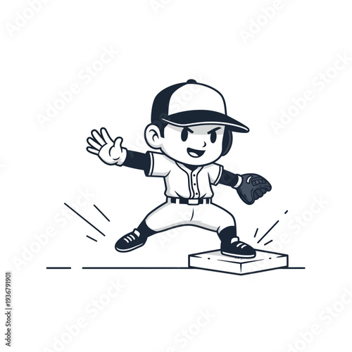 Young baseball player in uniform ready to throw ball from base.