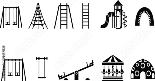 Playground Equipment Silhouette Icon Set Featuring Swings Slide Ladder Seesaw Carousel Climbing Frame and Kids Park Play Structures.