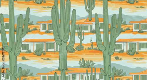 Desert landscape pattern with saguaro cacti and mid-century modern houses, vintage style illustration