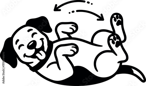 Flat cartoon vector happy dog rolling over showing belly with playful arrows tongue out looking at viewer smile