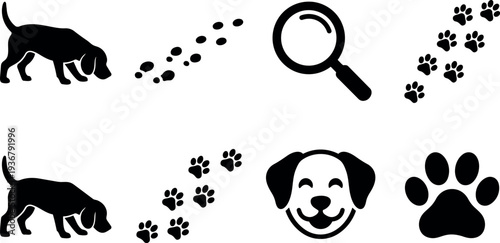 Flat design vector sniffing dog and paw print icons set with magnifying glass smiling dog face and large paw symbol