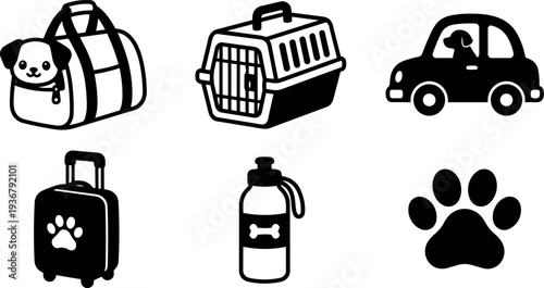 Flat design set of pet travel icons close up dog in bag carrier car suitcase water bottle paw print silhouette