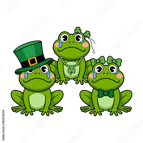 Sad frogs wearing St. Patrick's Day accessories and crying tears