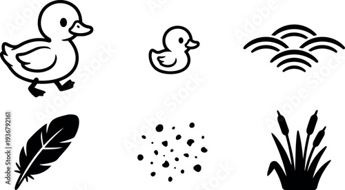 Flat line art duck icons set mother duck walking small duck water waves feather seeds reeds simple vector illustrations logos