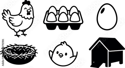 Line art flat design six chicken egg icons including hen chick nest egg carton and coop bold simple vector set