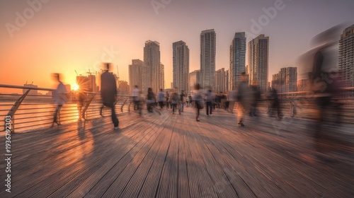  Sunset in the city with Blurry silhouettes of people walking in the background