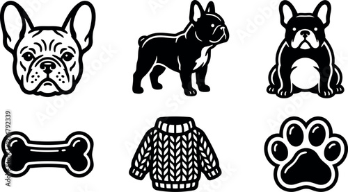 Flat design dog icon set featuring french bulldog head standing and sitting paw bone sweater black and white cute