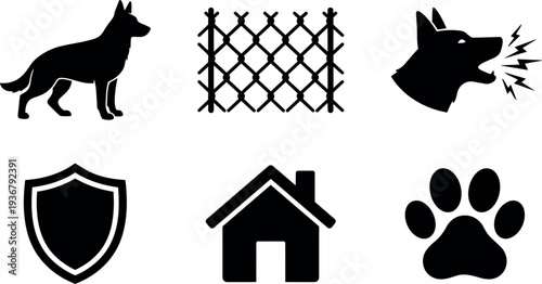 Flat design guard dog and barking head paw house shield and fence icons set close up black silhouettes vector minimal