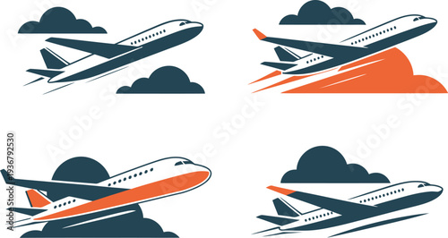 Airplane vector icons in different flying positions with clouds