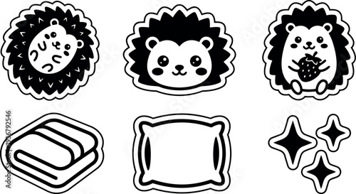 Sticker style kawaii hedgehog faces and cozy blanket pillow icons with sparkles close up flat vector art black white outline