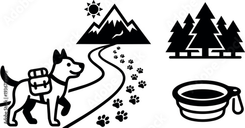 Flat vector hiking dog with backpack walking on mountain trail with paw prints trees and collapsible bowl silhouette side view