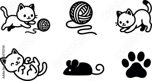 Line art cute kitten icons playing with yarn ball mouse and paw set minimal outline style collection for stickers avatars