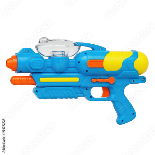 A colorful blue and yellow water gun on transparent background