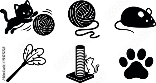 Flat design playful cat icons set showing leaping kitten with yarn ball mouse toy feather duster scratching post and paw