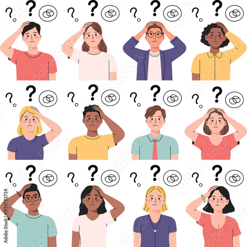 A confused group of people scratching their heads in frustration and uncertainty