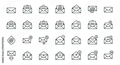 Collection of minimalist outline vector icons representing various digital email communication states and notifications