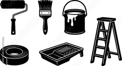 Flat design painter tools set showing paint roller paint brush paint can tray tape ladder close up top view