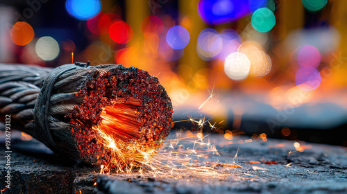 severed. Severed electrical cable with sparks from exposed copper wires. product launch decks, UI/UX mockups, designed for product launches and innovation pitches, highlights innovation.
