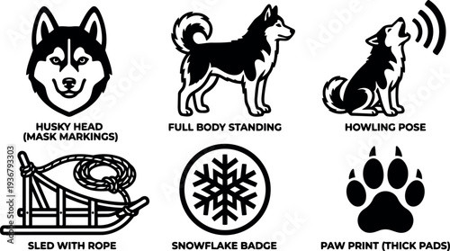 Line art husky icon set showing head full body howling sled snowflake paw print black and white vector illustrations collection