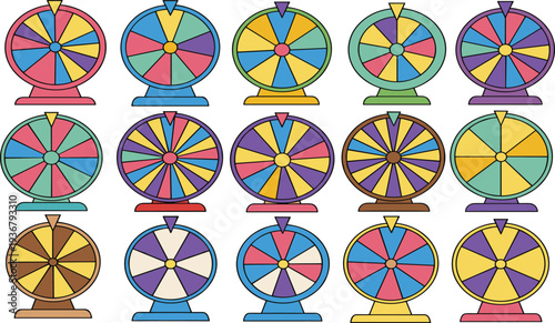 Colorful Lucky Spin Wheel Icon Set Featuring Prize Spinner Fortune Wheel Carnival Casino Game Show and Lottery Contest Elements.