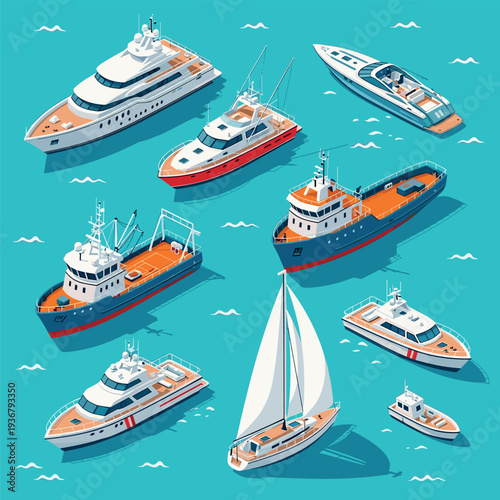Isometric Boats and Ships Collection with Yacht Cargo Vessel Fishing Boat Sailboat and Luxury Cruise Vector Illustration