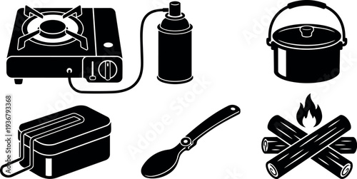 Flat design black camping cookware set with portable gas stove and fuel canister pot mess tin spoon campfire logs silhouette
