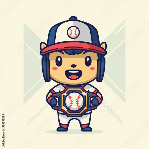 Cute Cartoon Baseball Player Champion with Championship Belt.