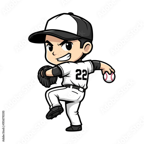 Cute Cartoon Baseball Player Pitching with Determination and Enthusiasm.