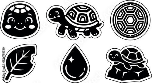 Flat design sticker sheet close up smiling turtle face shells leaf water droplet and rock elements bold outline vector art