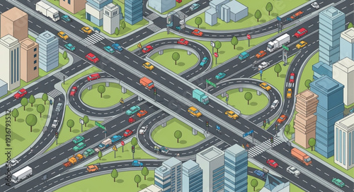 Complex Multi-Level Urban Highway Interchange with Overpasses.