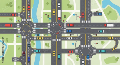 Complex Intersection with Multiple Traffic Lanes and Vehicles.