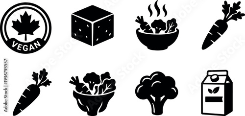 Flat icon vector set eight vegan vegetable symbols including maple vegan seal tofu cube salad bowl carrot broccoli plant milk